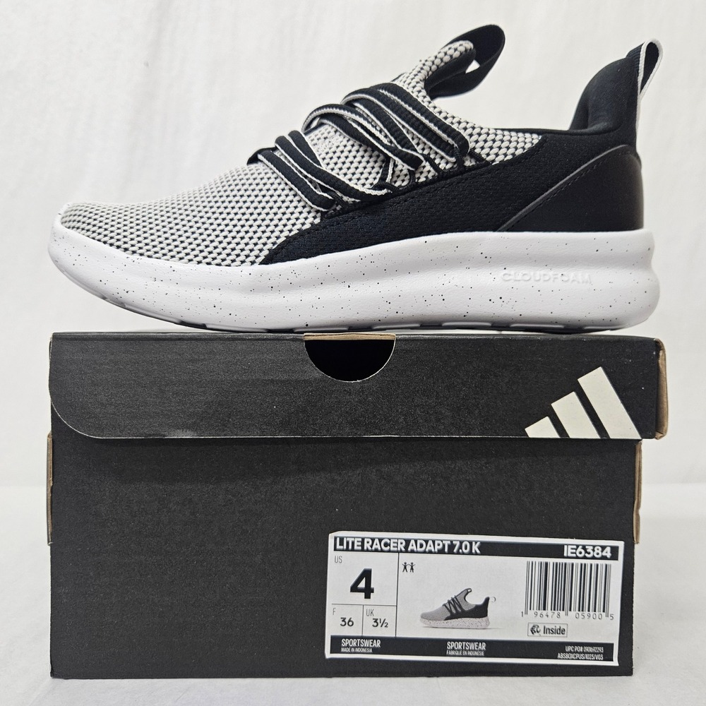 Adidas Lite Racer Adapt 7.0 K Athletic Shoes IE6384 Black White Kids Size 4